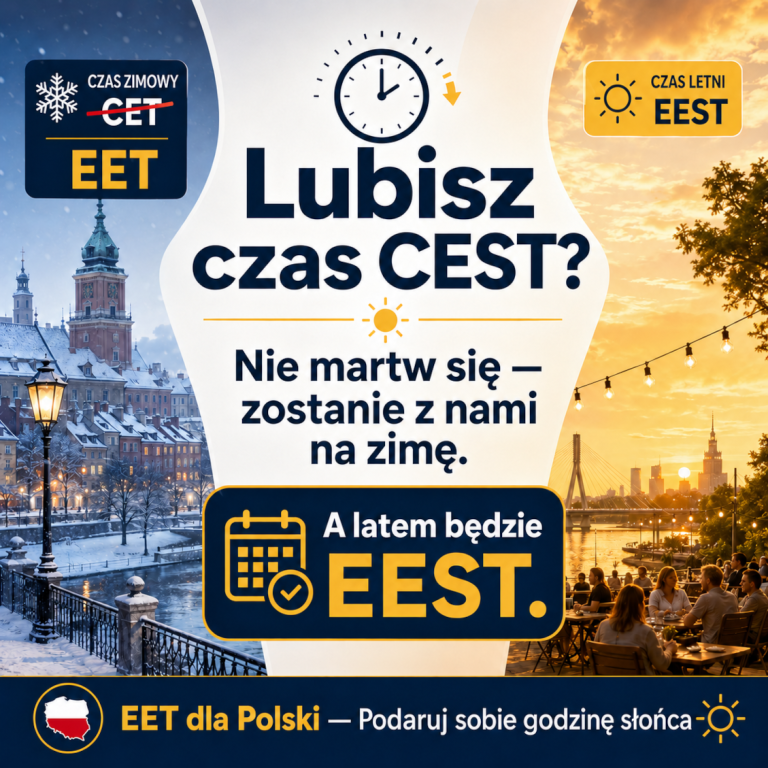 Grafika promująca zmianę strefy czasowej Polski na EET/EEST. Hasło Lubisz czas CEST? Nie martw się - zostanie z nami na zimę.