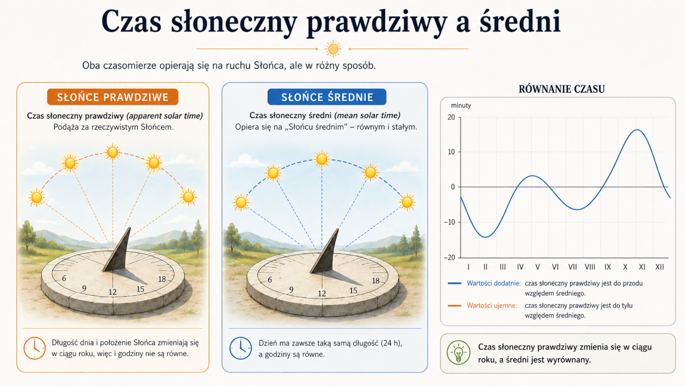 Infografika porównująca czas słoneczny prawdziwy i średni oraz pokazująca wykres równania czasu w ciągu roku.