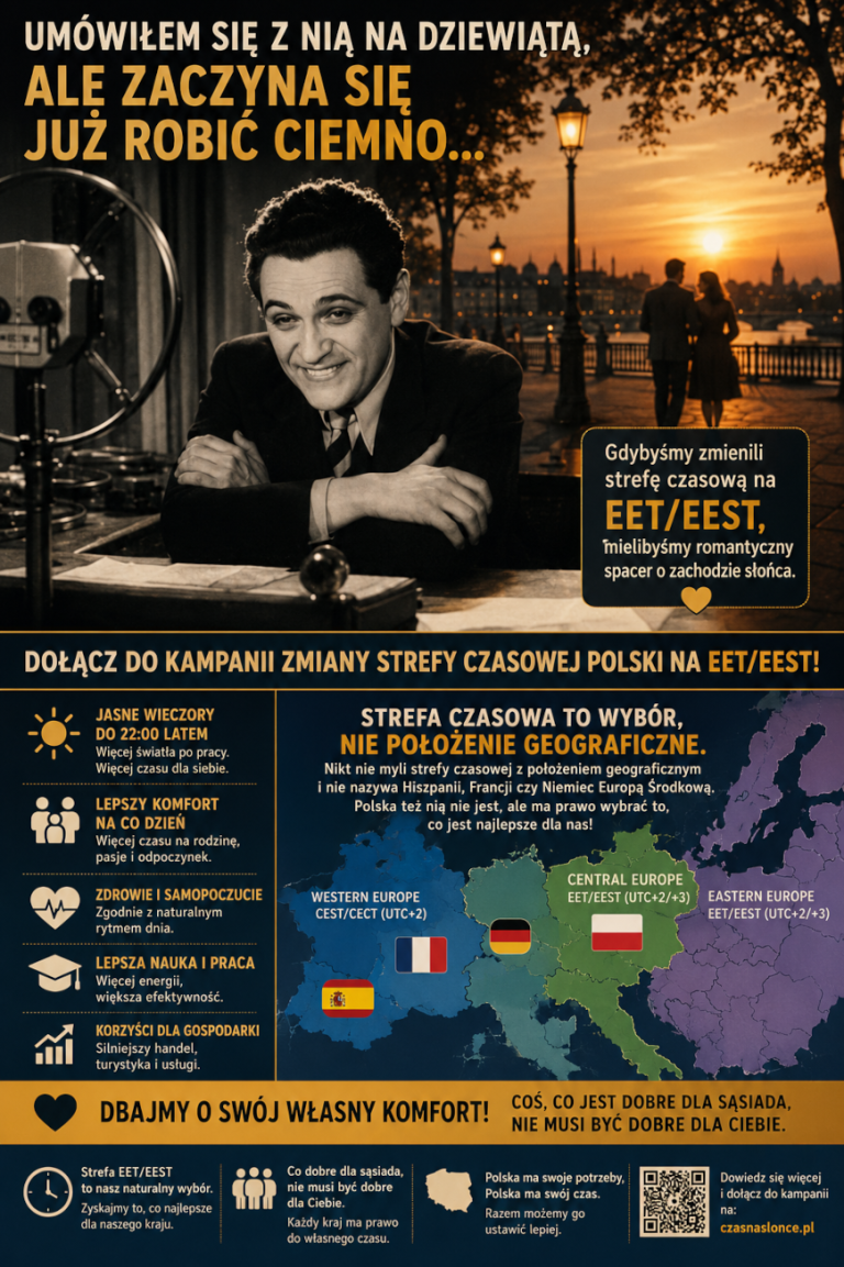 Grafika promująca kampanię na rzecz zmiany strefy czasowej Polski na EET/EEST. Nawiązuje do piosenki śpiewanej przez Eugeniusza Bodo. "Umówiłem się z nią na dziewiątą". Dopisek "ale zaczyna się już robić ciemno"