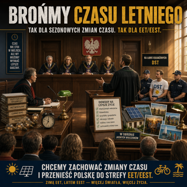 Grafika promująca kampanię na rzecz zmiany strefy czasowej Polski na EET/EEST. Rozprawa sądowa - oskarżonym jest czas letni (DST). Dowody oskarżenia: stare żarówki, dowody obrony: panele fotowoltaiczne i zdjęcia z wakacji.
