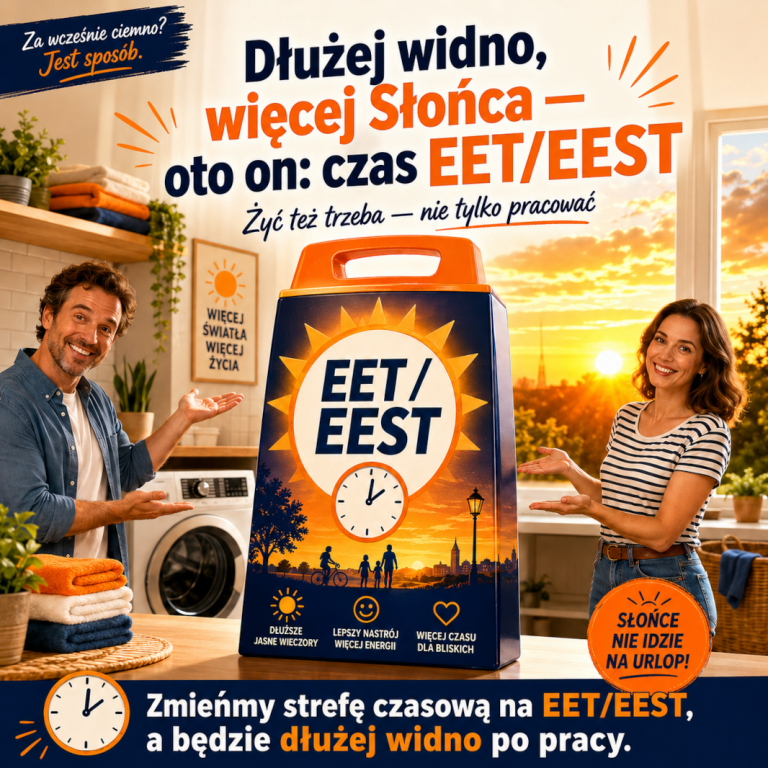 Grafika promująca kampanię na rzecz zmiany strefy czasowej Polski na EET/EEST. Nawiązuje do reklamy preparatu Calgon. Hasło: "Dłużej widno, więcej Słońca oto on: czas EET/EEST.