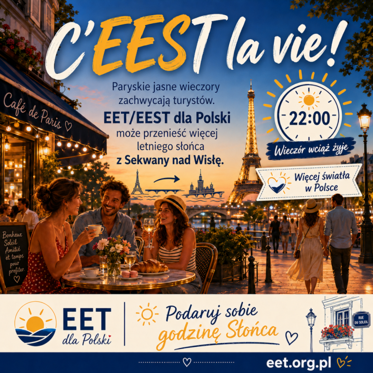 Grafika promująca kampanię na rzecz zmiany strefy czasowej Polski na EET/EEST. Trawestacja francuskiego powiedzenia: "Ceest la vie" w tle wieża Eiffla i francuska kafejka na tle zachodzącego o 22:00 Słońca.