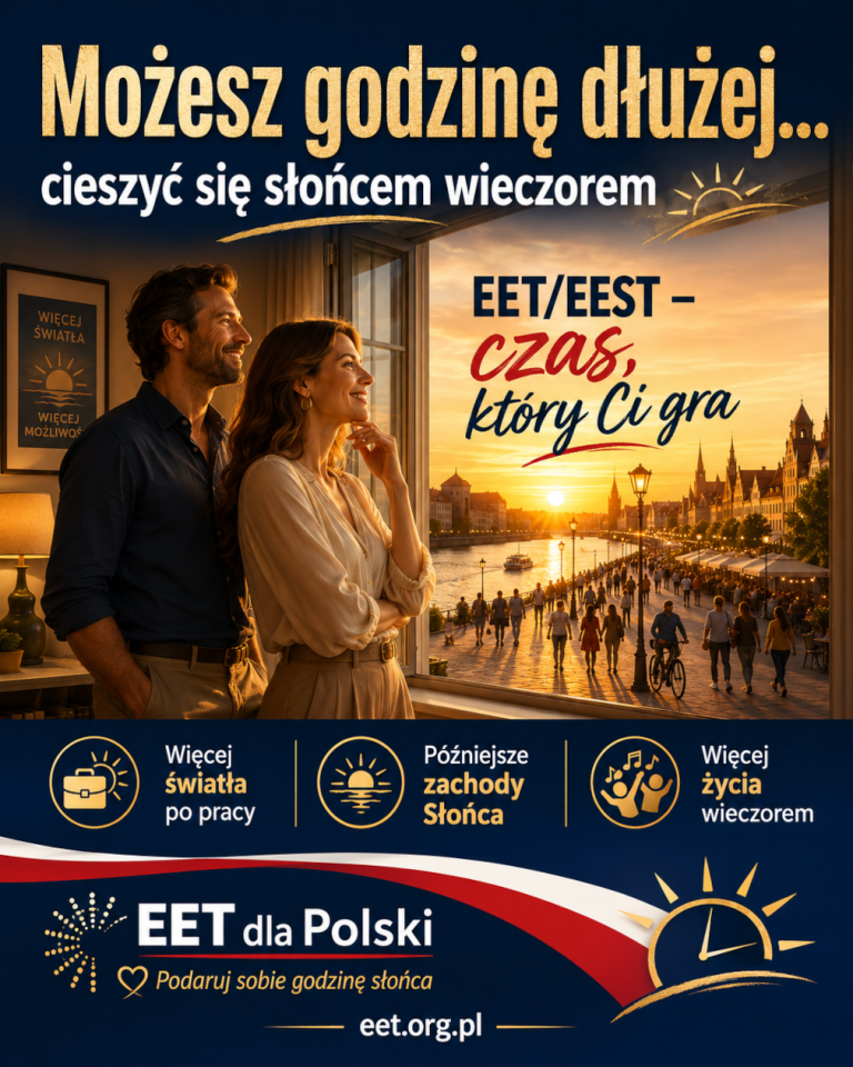 Grafika promująca kampanię na rzecz zmiany strefy czasowej Polski na EET/EEST stylizowana na reklamę środków na potencję. Hasło EET/EEST - czas, który Ci gra