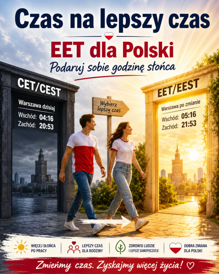 Grafika promująca kampanię na rzecz zmiany strefy czasowej Polski. Przedstawia parę w Warszawie, przechodzącą z ciemnych wrót z napisem CET/CEST do jasnych z napisem EET/EEST. Podane są godziny wschodów i zachodów Słońca w obu czasach.