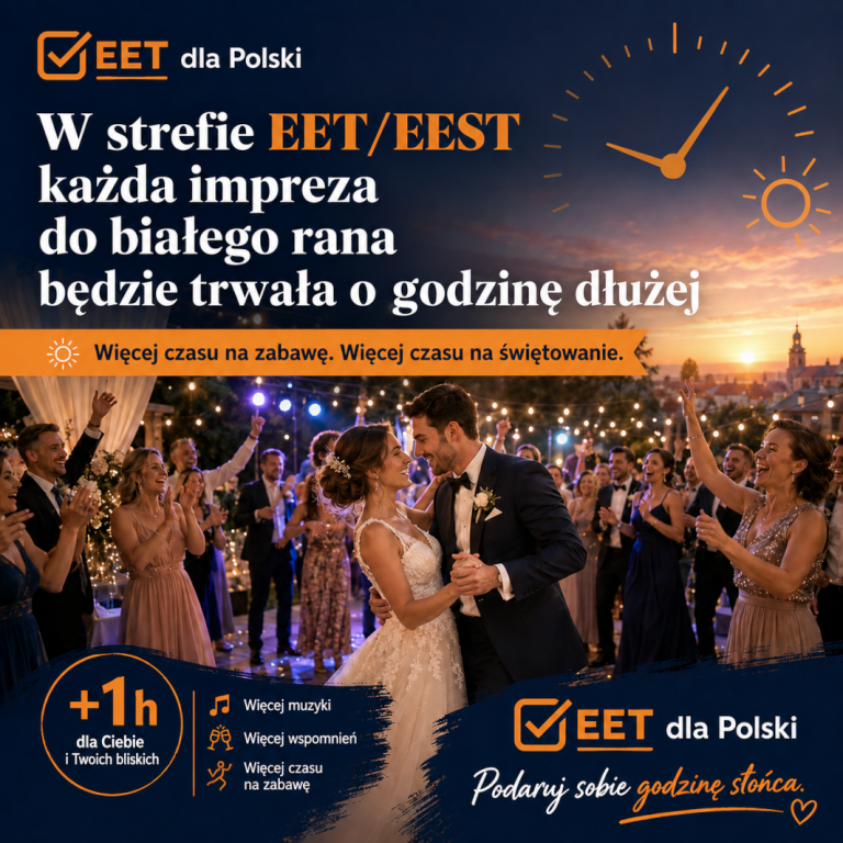 Grafika promująca kampanię EET dla Polski Podaruj sobie godzinę Słońca. Przedstawia wesele i hasło "W strefie EET/EEST każda impreza do białego rana będzie trwała o godzinę dłużej"