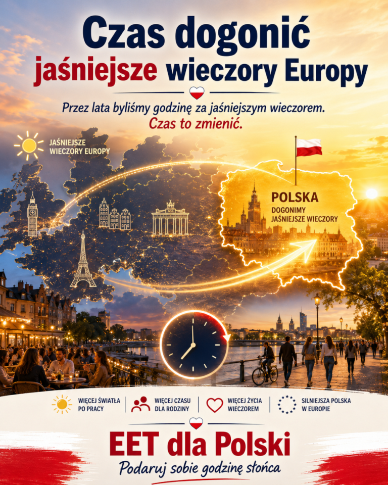 Grafika promująca zmianę strefy czasowej Polski na EET/EEST. Hasło Czas dogonić jaśniejsze wieczory Europy.
