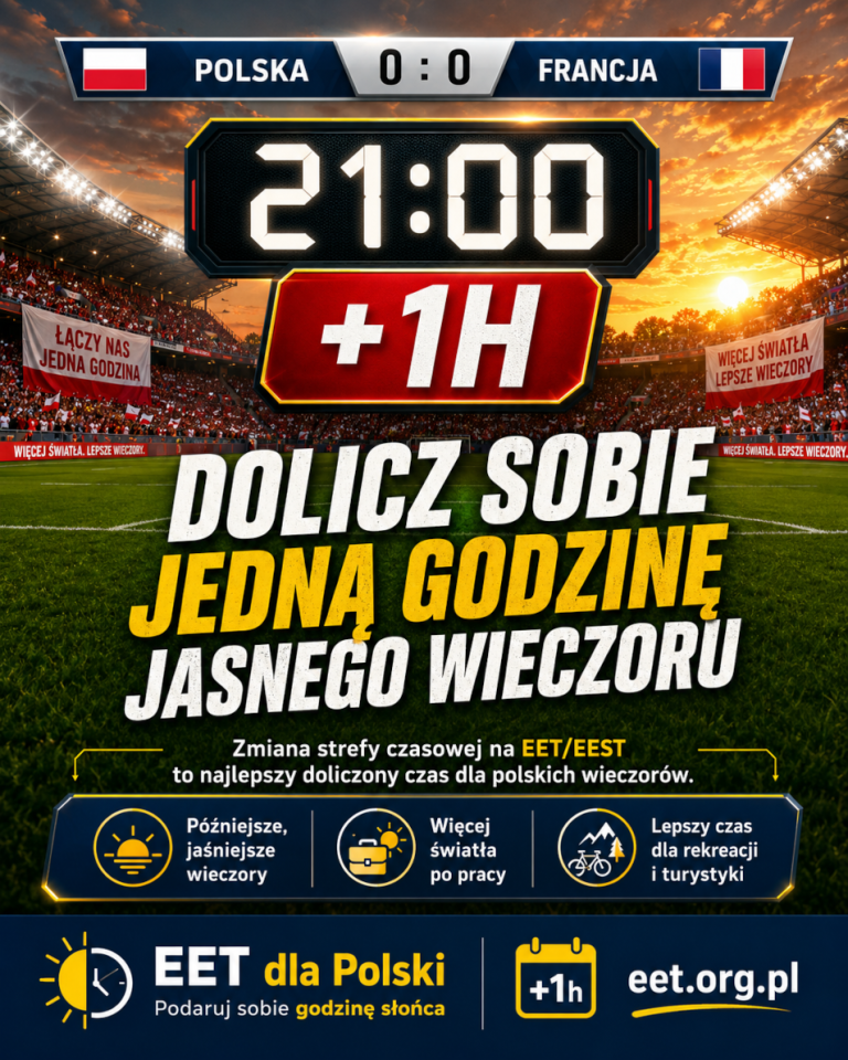 Grafika promująca kampanię EET dla Polski Podaruj sobie godzinę Słońca. Nawiązująca do Mistrzostw Świata w Piłce Nożnej. Hasło "Dolicz sobie godzinę jasnego wieczoru".