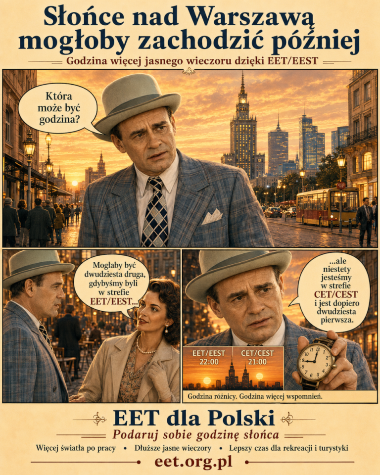 Grafika promująca kampanię EET dla Polski Podaruj sobie godzinę Słońca. Przedstawia eleganckiego pana pytającego "Która może być godzina". Kobieta odpowiada, że mogłaby być 22:00, gdybyśmy byli w strefie EET/EEST, ale niestety jesteśmy w strefie CET/CEST i jest dopiero 21:00