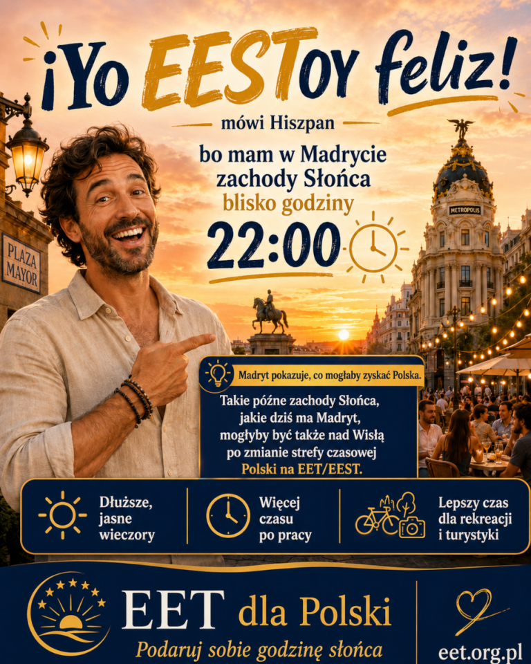 Grafika promująca kampanię na rzecz zmiany strefy czasowej Polski na EET/EEST. Przedstawia Hiszpana mówiącego "Yo EESToy feliz"