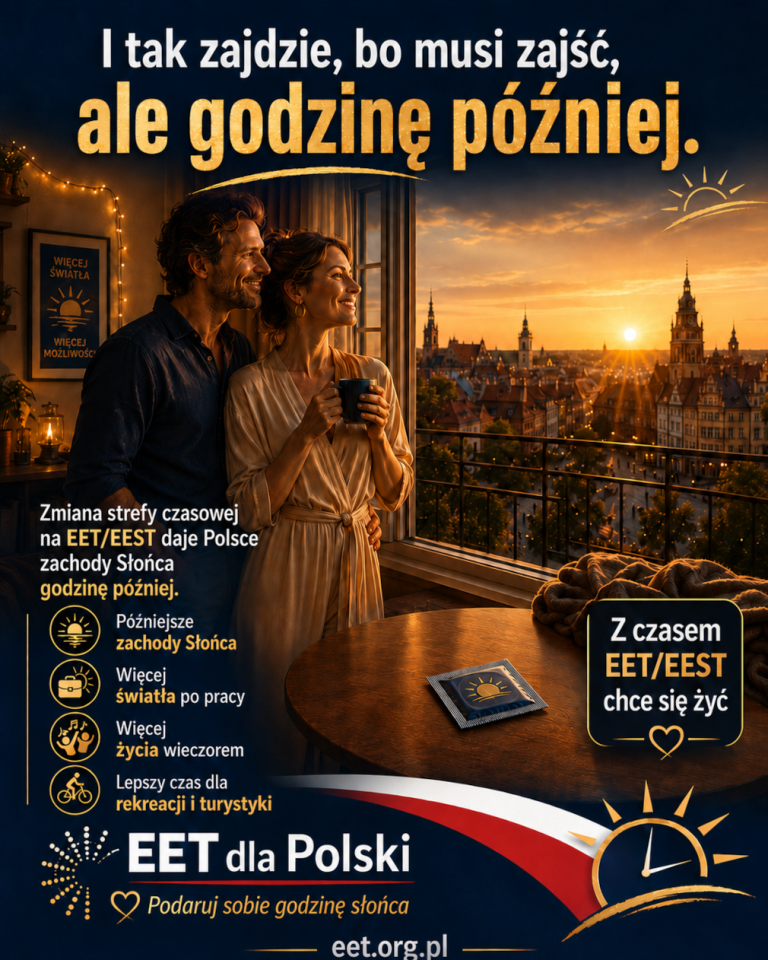 Grafika promująca zmianę strefy czasowej Polski na EET/EEST stylizowana na reklamę prezerwatyw. Hasło I tak zajdzie, bo musi zajść, ale godzinę później.