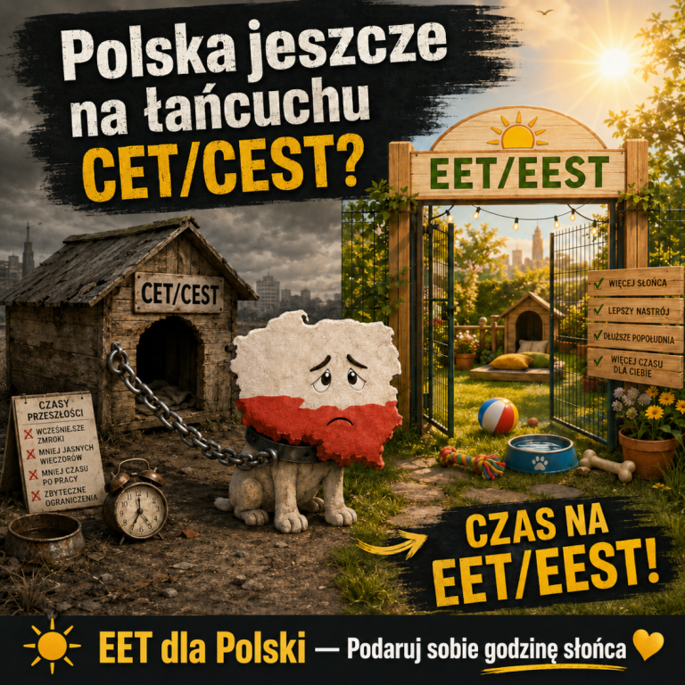 Grafika promująca zmianę strefy czasowej Polski na EET/EEST, nawiązująca do ustawy łańcuchowej. Przedstawia Polskę uwiązaną na łańcuchu strefy CET/CEST i jasny, słoneczny kojec EET/EEST