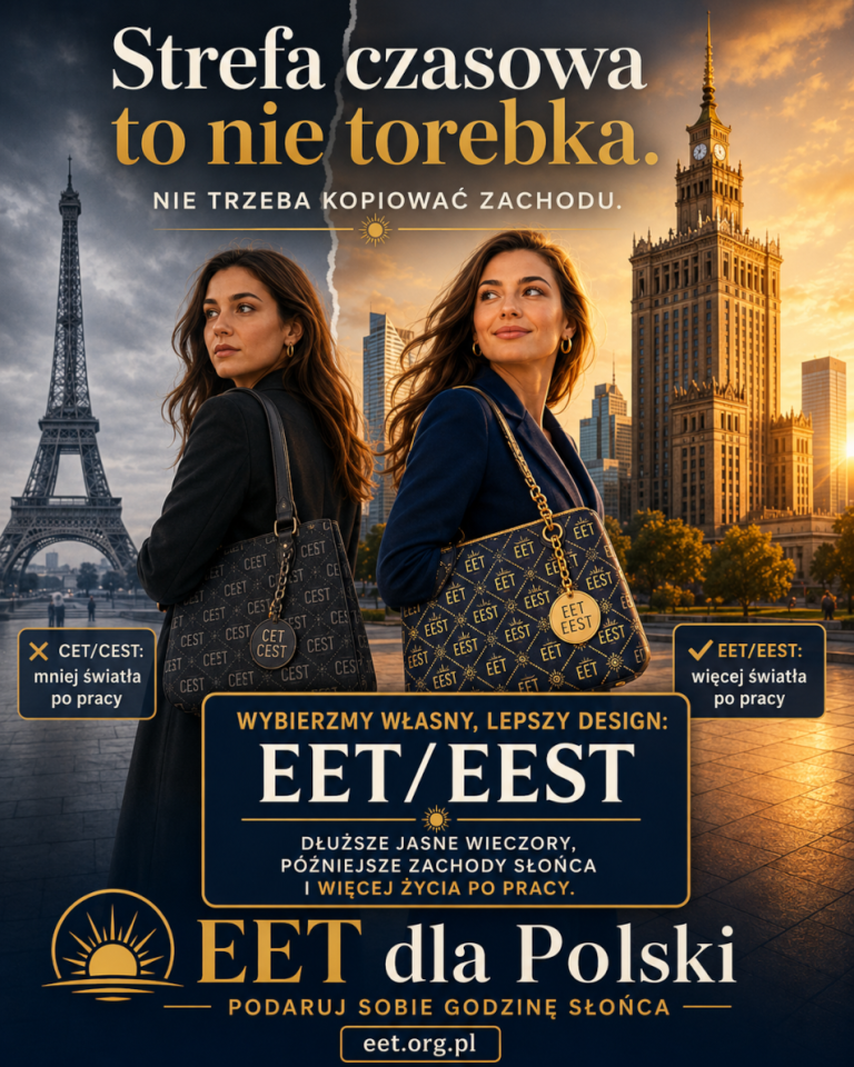 Grafika promująca kampanię na rzecz zmiany strefy czasowej Polski na EET/EEST. Hasło "Strefa czasowa to nie torebka, nie trzeba kopiować Zachodu"