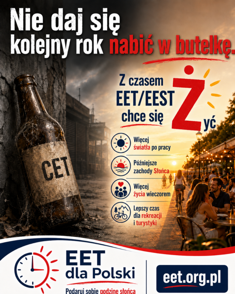 Grafika promująca zmianę strefy czasowej Polski na EET/EEST, stylizowana na reklamę piwa Żywiec. Przedstawia pustą butelkę z napisem oCET i hasło: Nie daj się kolejny rok nabić w butelkę. Z czasem EET/EEST chce się Żyć