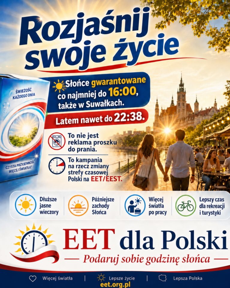 Grafika stylizowana na reklamę proszku do prania, promująca kampanię na rzecz zmiany strefy czasowej Polski na EET/EEST. Hasła: Słońce gwarantowane co najmniej do 16:00, także w Suwałkach. Latem nawet do 22:38.