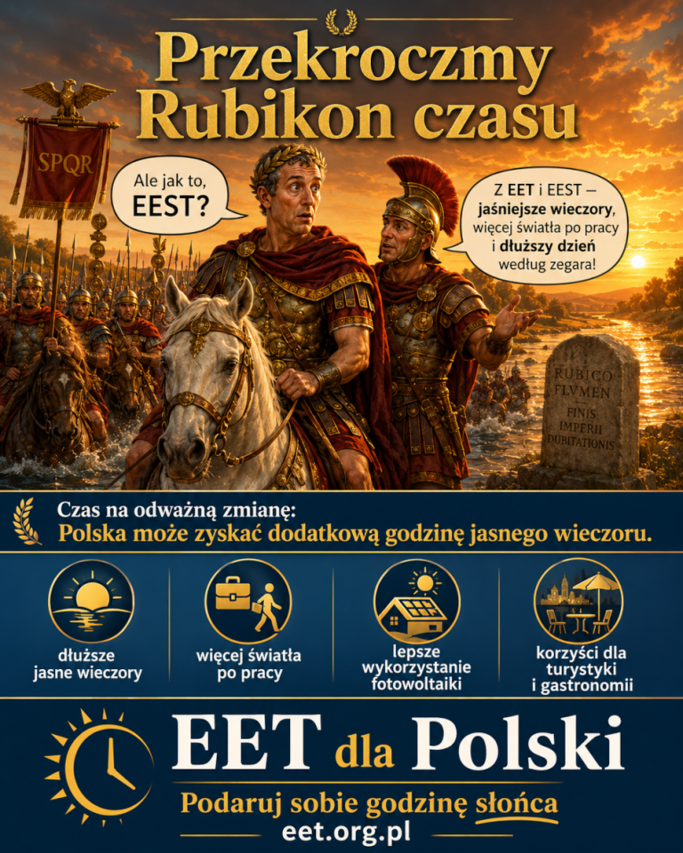 Grafika promująca kampanię na rzecz zmiany strefy czasowej Polski na EET/EEST. Przedstawia wojska Juliusza Cezara przekraczające Rubikon i nawiązuje do słynnej wypowiedzi "Alea iacta est", przedstawionej, jako "Ale jak to EEST?"