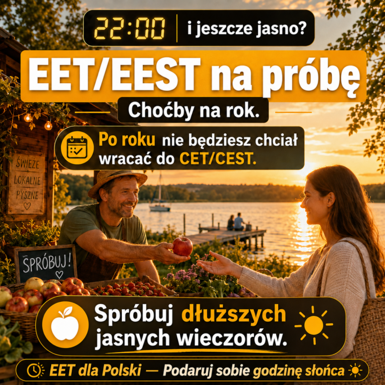 Grafika przedstawiająca sprzedawcę dającego kobecie jabłko do spróbowania. Aluzja do tego, by Polska też spróbowała wziąć EET/EEST na próbę