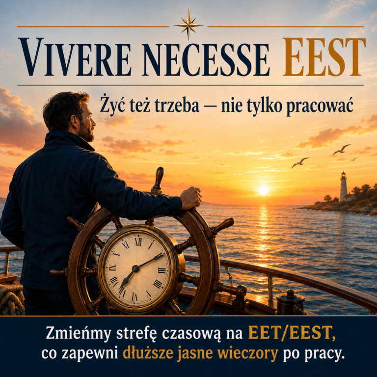 Grafika promująca kampanię na rzecz zmiany strefy czasowej Polski na EET/EEST. Nawiązuje do łacińskiej sentencji. Hasło "vivere necesse EEST". Przedstawia sternika z kołem sterowym z zegarem w środku. Hasło "żyć też trzeba, nie tylko pracować".