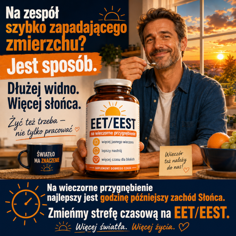Grafika promująca kampanię na rzecz zmiany strefy czasowej Polski na EET/EEST. Nawiązuje do reklamy suplementów diety. Hasło: "Na zespół szybko zapadającego zmierzchu jest sposób. Dłużej widno, więcej słońca"