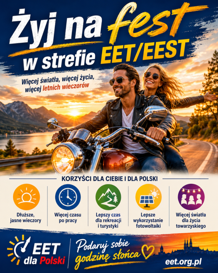 Grafika promująca kampanię na rzecz zmiany strefy czasowej Polski na EET/EEST. Przedstawia parę na motocyklu i hasło "Żyj na fest w strefie EET/EEST"