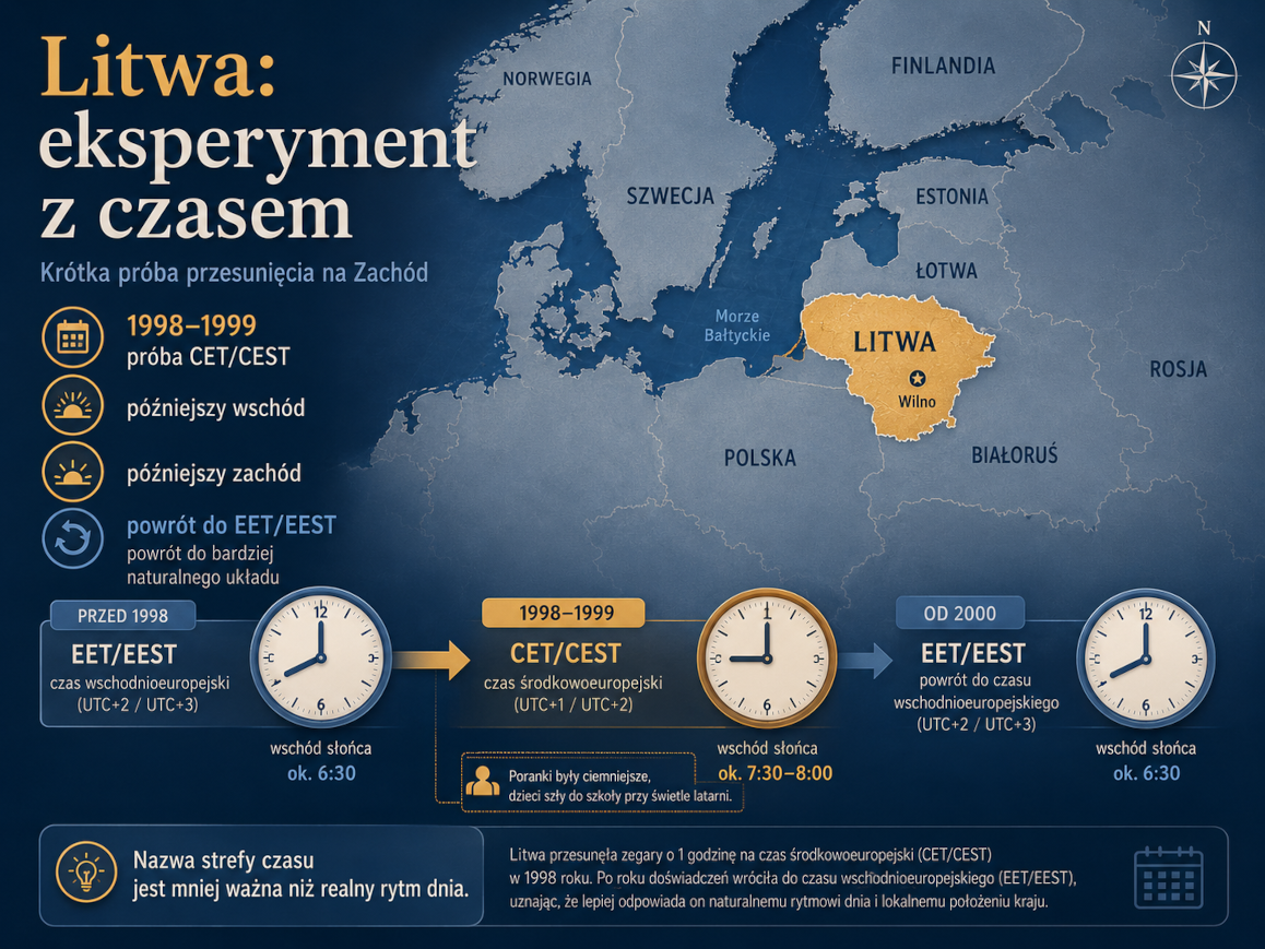 Litwa jako przykład eksperymentu ze strefą czasu i powrotu do czasu wschodnioeuropejskiego