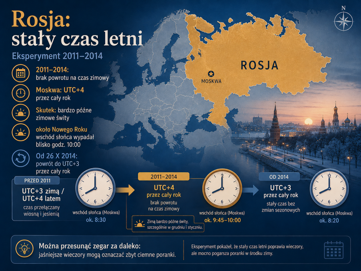Rosja jako przykład eksperymentu z całorocznym czasem letnim i bardzo późnymi zimowymi porankami