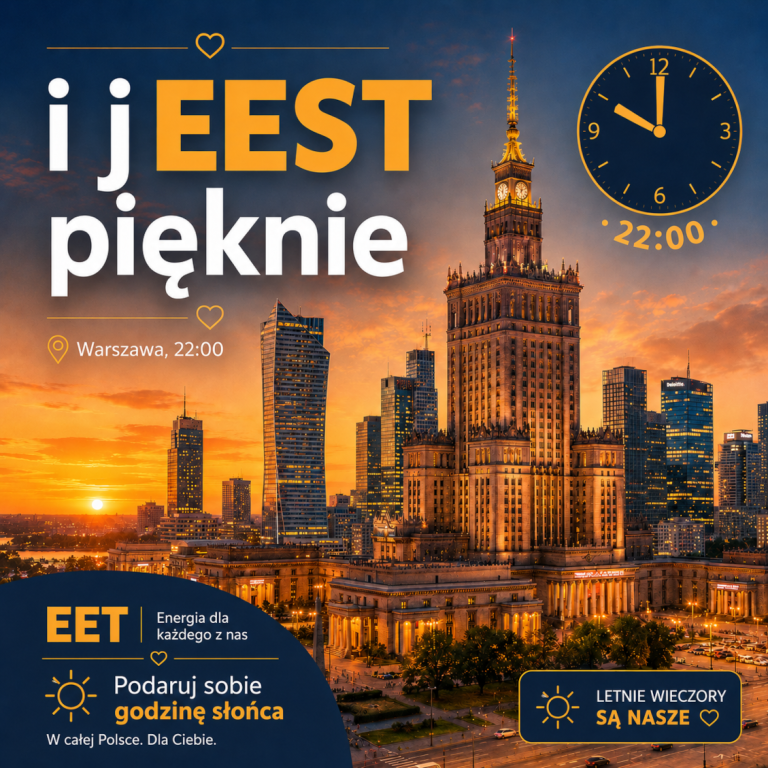 Grafika przedstawiająca Warszawę - Pałac Kultury i Nauki o 22:00 po zmianie czasu na EET/EEST i hasło jEEST pięknie