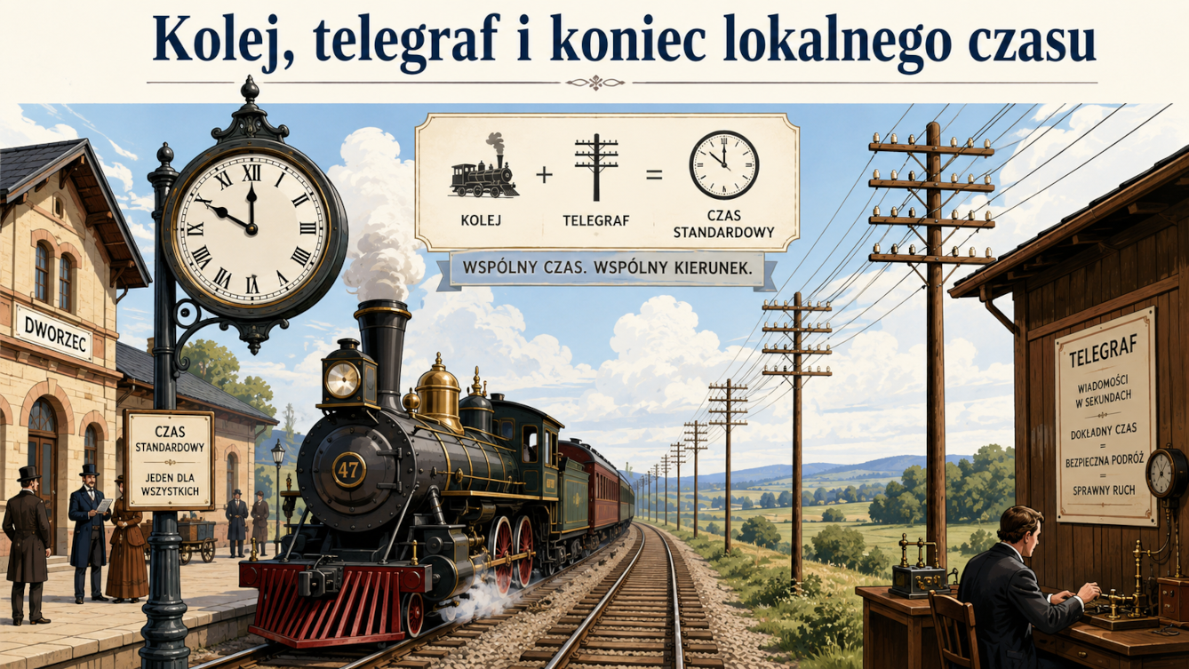 Parowóz przy dworcu, zegar dworcowy oraz słupy telegraficzne biegnące wzdłuż torów.