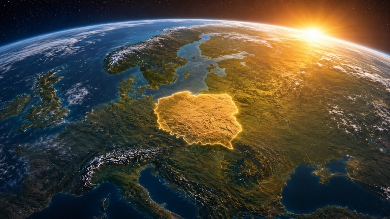 Grafika tytułowa do artykułu z interaktywna mapą wschodów i zachodów Słońca w Polsce. Przedstawia widok Polski z satelity i Słońce w rogu.
