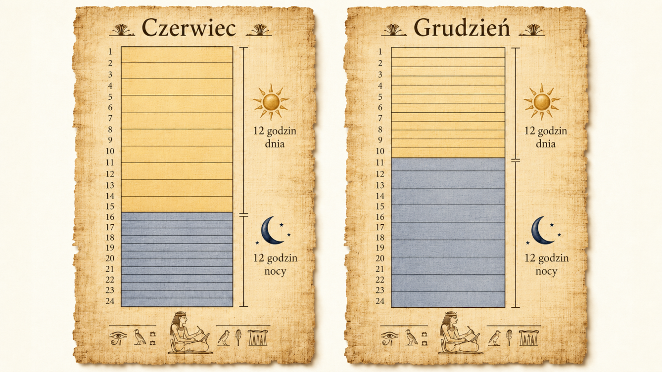 Dwa papirusowe wykresy pokazujące, że w czerwcu godziny dzienne są dłuższe, a nocne krótsze, natomiast w grudniu odwrotnie.
