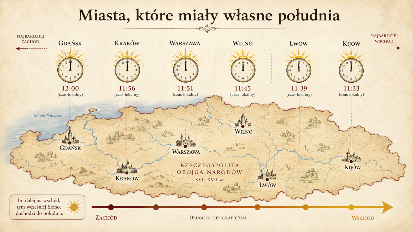Mapa dawnej Rzeczypospolitej z miastami od Gdańska po Kijów i zegarami pokazującymi różnice lokalnego południa.