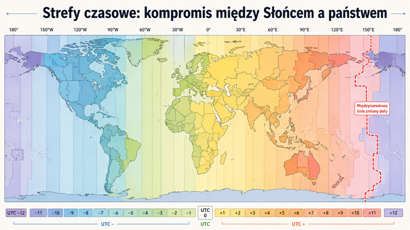 Mapa świata z kolorowymi strefami czasowymi i zaznaczoną międzynarodową linią zmiany daty na Pacyfiku.
