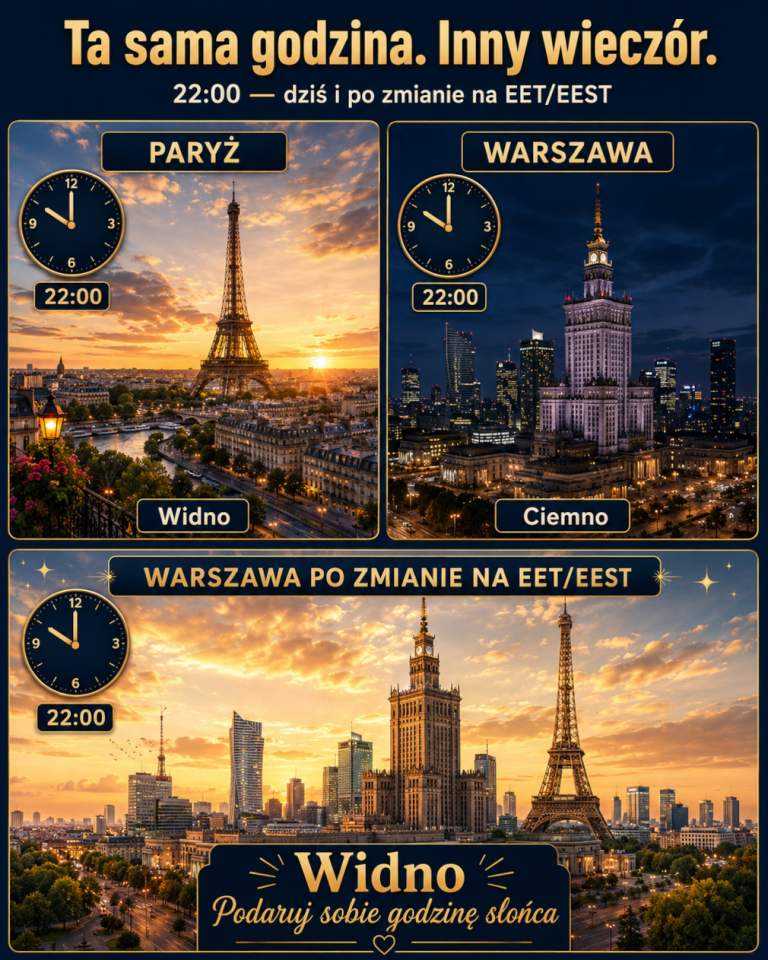 Grafika promująca kampanię EET dla Polski. Przedstawia jasny Paryż i ciemną Warszawę o godzinie 22:00 czasu urzędowego oraz jasną Warszawę z wieżą Eiffla po zmianie na EET/EEST