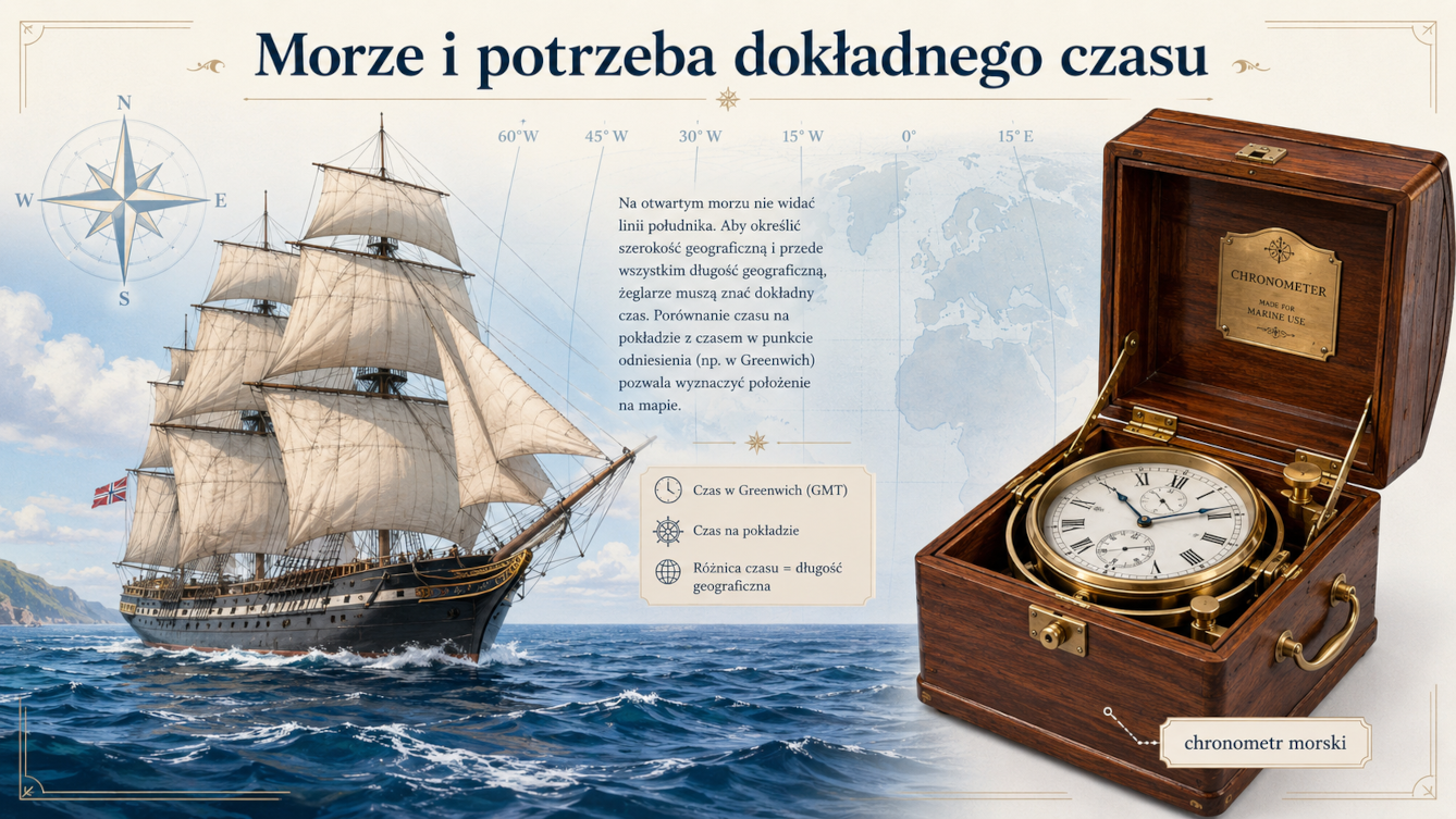 Żaglowiec na morzu oraz chronometr morski w drewnianej skrzynce, symbolizujące potrzebę dokładnego czasu w nawigacji.